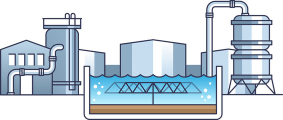 Illustration of a water treatment plant with a sedimentation tank and aeration system.