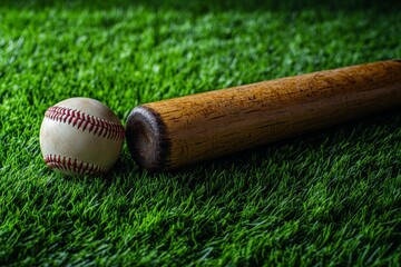 A vintage baseball glove, bat, and ball arranged on fresh green grass, evoking a sense of nostalgia and passion for America's favorite pastime.