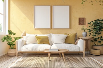 Bright and airy living room with a soft yellow accent wall, minimalist white sofa, wooden furniture, and two mock up frames, creating a serene and cozy atmosphere filled with natural light