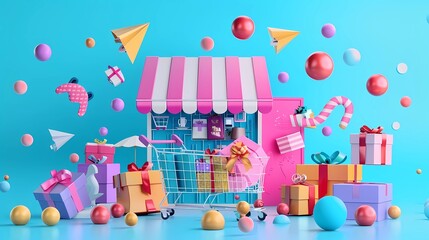 An online shopping 3D Illustration, online store, online payment and delivery concept with floating elements, sale banner, Generative AI illustrations.