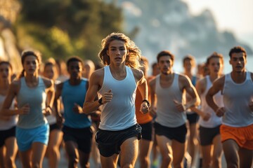 A dynamic scene of a group of runners in action during a marathon, showcasing diversity, energy, and determination against a beautiful backdrop of trees and morning sunlight.