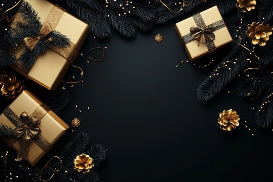 Stylish christmas and new year banner with gold gift boxes and black branches on dark grey backdrop