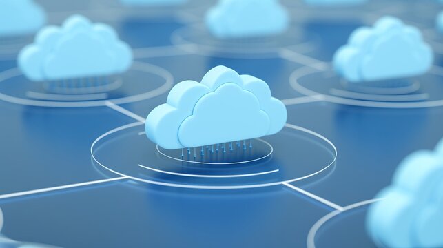 A visual representation of cloud computing, featuring interconnected clouds on a blue background, symbolizing data storage and sharing.