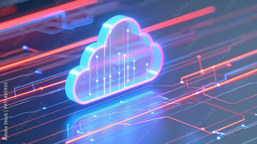 Poster abstract cloud technology concept with glowing lines and data streams, representing modern innovatio
