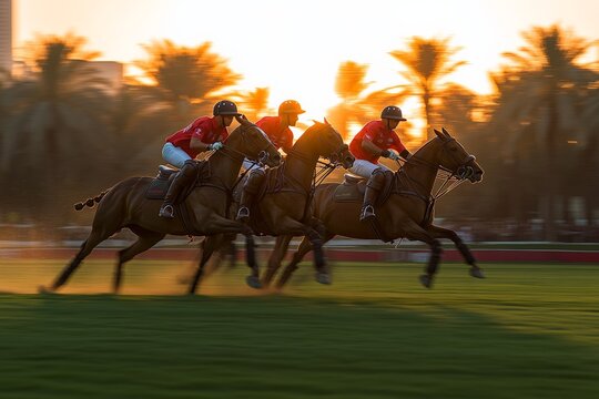 A thrilling polo match in progress with riders racing on their horses against a stunning sunset backdrop, capturing the dynamic energy and competition.