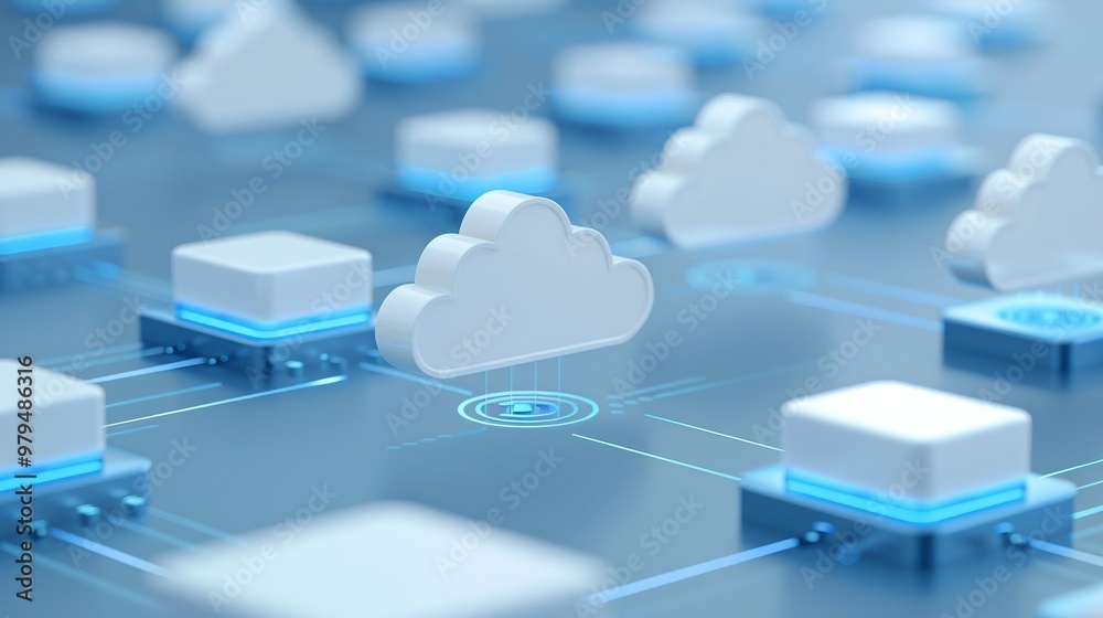 Poster abstract representation of cloud computing technology with 3d cloud icons connected by glowing lines