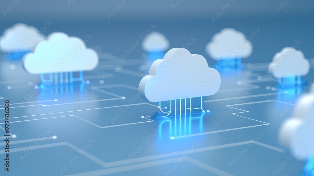 Poster abstract representation of cloud computing technology with digital data connections and glowing clou