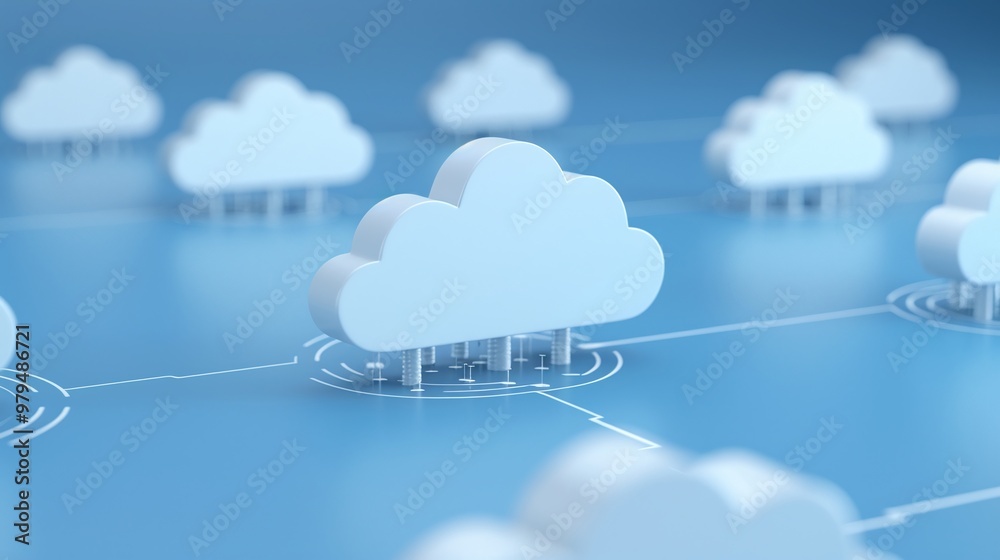 Poster abstract representation of cloud computing with multiple clouds connected by lines on a blue backgro