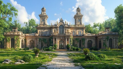 Fototapeta premium An ornate, overgrown mansion surrounded by lush greenery.