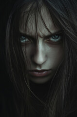 A woman with long dark hair and a very angry expression