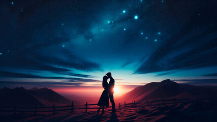Fototapeta premium Silhouette of a couple kissing in an intimate setting under a bright starry sky. Unlimited love