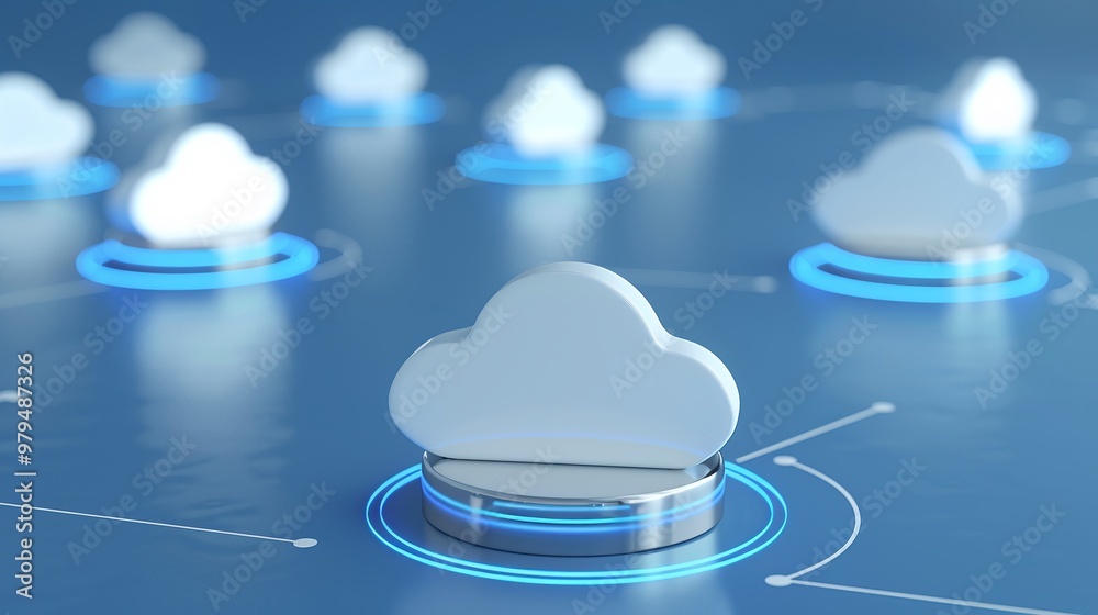 Poster cloud computing concept with interconnected cloud symbols and digital connections, representing mode