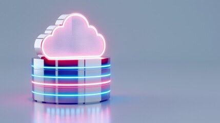 Colorful 3D cloud icon on a striped base, symbolizing cloud computing and digital data storage in a modern design.