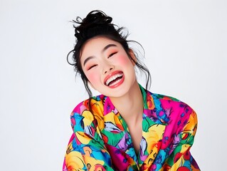 Vibrant Asian Model in Colorful Patterned Pajamas Striking Playful Pose with Charming Grin