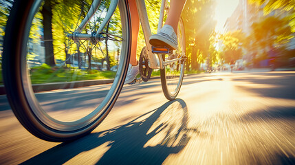 Naklejka premium close-up shot of a person riding a bicycle through city streets on a sunny day