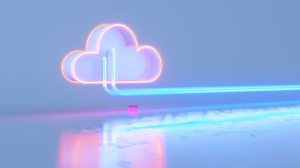 Colorful neon cloud symbol with a vibrant data transfer line, representing modern technology and digital connectivity.