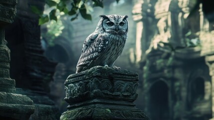 Obraz premium An owl perched on an ancient stone sculpture in a forgotten temple, representing wisdom and mystery.