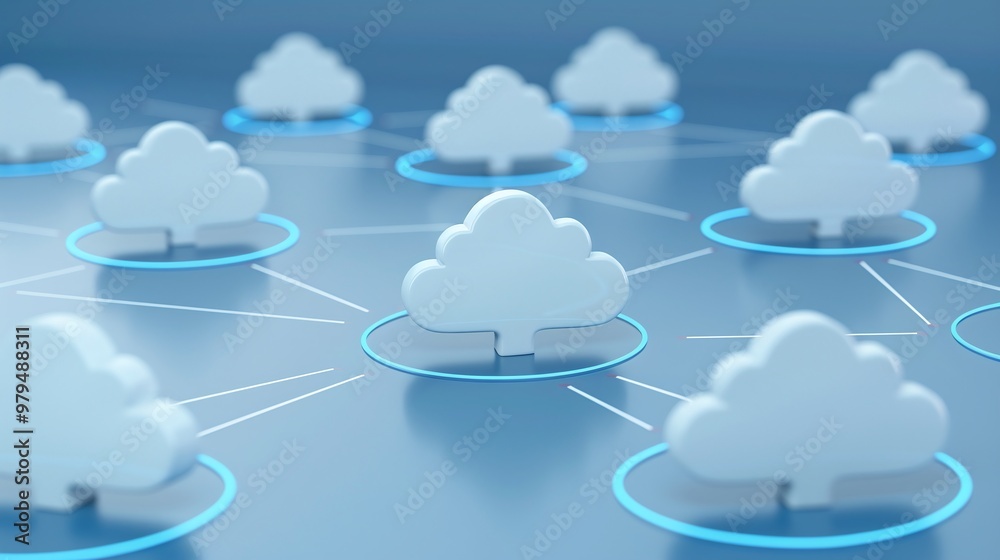 Poster conceptual image of cloud technology with interconnected networks, representing data sharing and dig