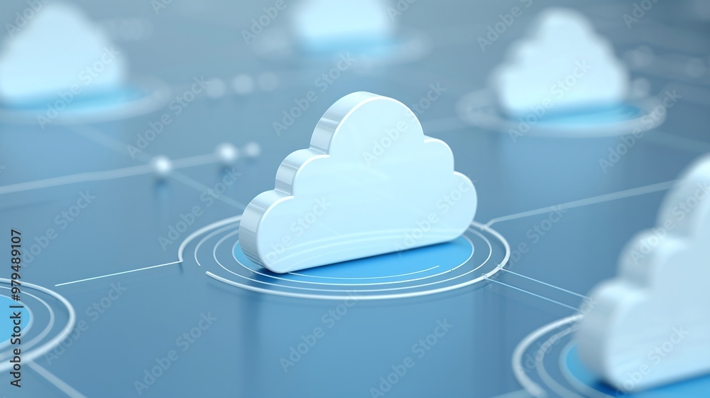 Poster digital cloud representations illustrating cloud computing concepts on a modern background, emphasiz