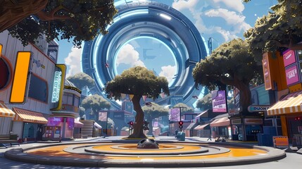 A scifi fortnite market square placed around the big circle deep manhole in the middle, vendors, shops, stalls, ads, large neon signs, Generative AI illustrations.