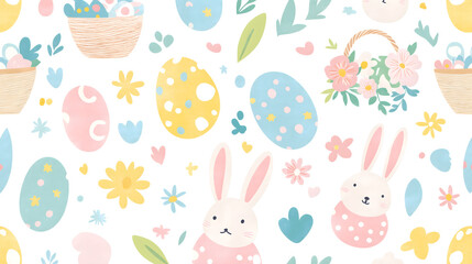 Obraz premium Easter 2D Vector Pattern elements Easter theme featuring repeating elements like Easter eggs bunnies flowers and baskets