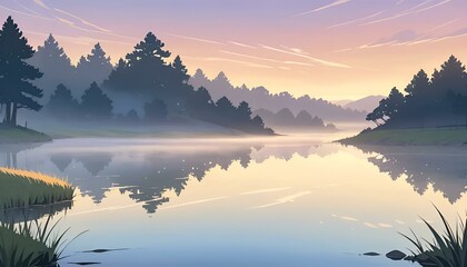 Fototapeta premium Serene lake landscape with misty reflections and pine trees at dawn in soft colors 