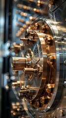 Fototapeta premium Detailed image of a metallic technical equipment with levers, cylinders, and tubes, suggesting use in research and development or laboratory settings. Complex design hints at scientific