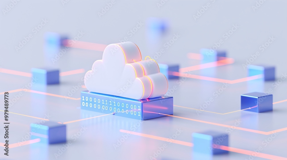 Poster digital cloud technology represented by a cloud icon connected through network squares and glowing l