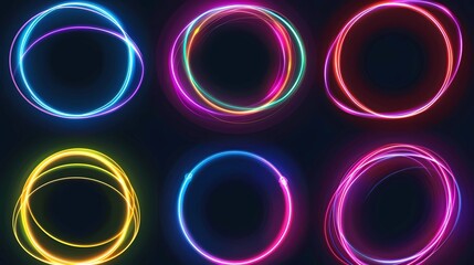 illustrations set of glowing neon color circles round curve shape with wavy dynamic lines isolated on black background, Generative AI illustrations.