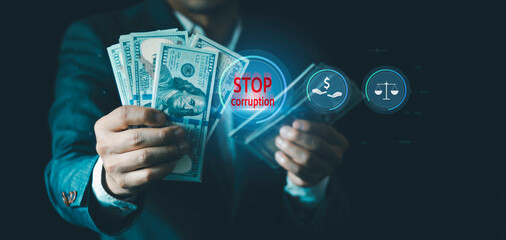 Fototapeta premium Anti bribery and corruption concept, Businessman refusing and don't receive money banknote offer from people to accept agreement contract of investment deal, Illegal corrupt activity