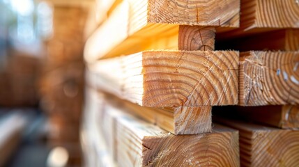 A close-up of neatly stacked wooden boards with a light orange hue, showcasing detailed texture and grain under sunlight. serene industrial setting displaying raw woodworking materials.