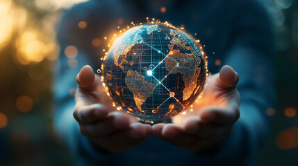 Hands Holding a Glowing Digital Globe with Global Connections at Sunset