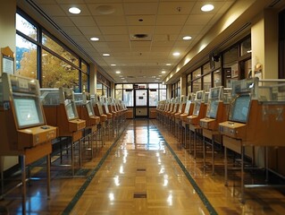 A long hallway lined with numerous modern voting machines, creating an organized, well-lit atmosphere ready for the upcoming election day