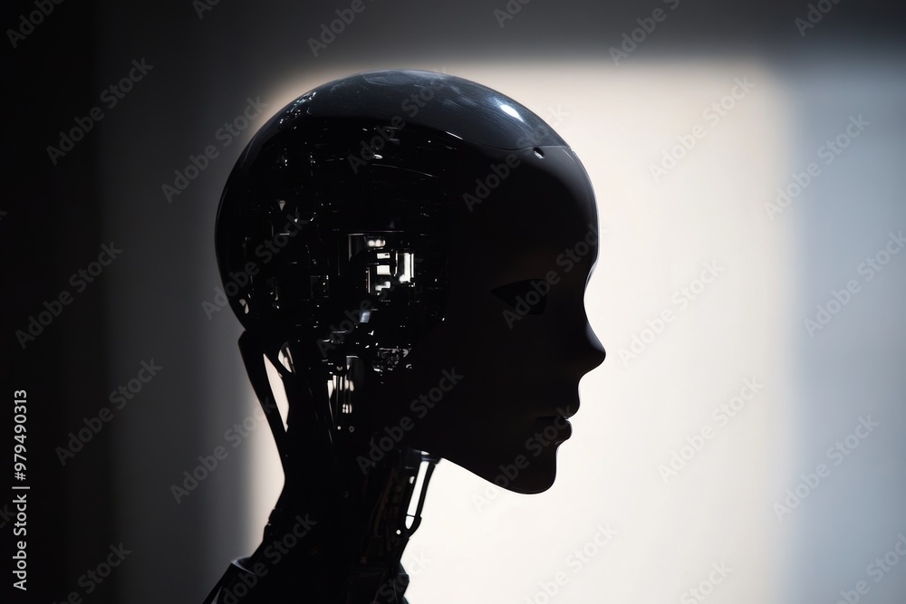 Wall mural silhouette of a futuristic robot head set against a dark background in striking photography