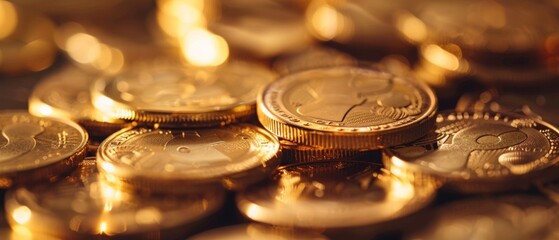Close-up of gold Bitcoin coins reflecting light, stacked on a black background, exuding wealth and prosperity.
