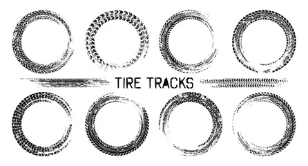Grunge circle tire tracks, wheel braking marks. Truck, car or motorcycle tread pattern silhouettes. Auto race, motorsport, speed racing design element. Vector illustration