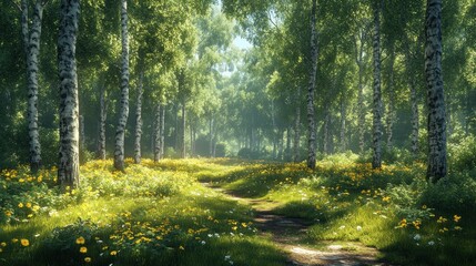 Obraz premium Lush forest path with vibrant flowers and sunlight filtering through trees.