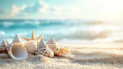 Romantic seashells lie scattered on golden sands kissed by gentle waves at sunset