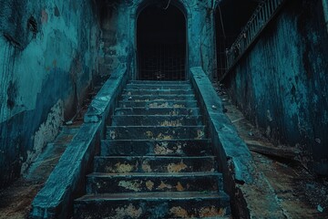 An eerie and weathered stone staircase leading up to the entrance of a dilapidated and abandoned building, surrounded by dark, deteriorating walls with peeling paint