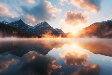 Breathtaking Sunrise Reflection over Tranquil Mountain Lake Landscape