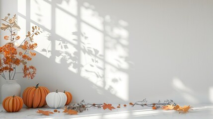 A white wall with a window and a vase of flowers and pumpkins on it. Empty interior scene background with sunlight and foliage shadow. Halloween, thanksgiving design concept.