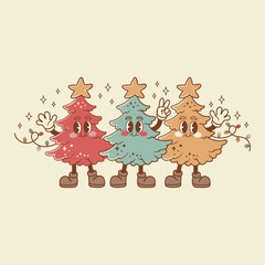 Cute retro style christmas illustration of three cute christmas trees