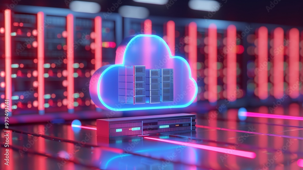 Poster futuristic cloud computing concept with glowing cloud and server setup in a high-tech data center.