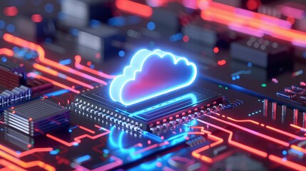Fototapeta premium Futuristic cloud computing concept with glowing circuitry design, showcasing advanced technology and digital connectivity.