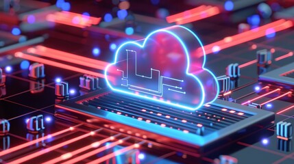 Fototapeta premium Futuristic cloud computing concept with glowing circuitry, symbolizing technology, data storage, and digital innovation.