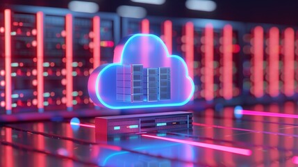 Obraz premium Futuristic cloud computing concept with glowing cloud and server setup in a high-tech data center.