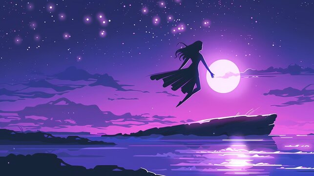 A supergirl flying over the lagoon beach, long black curly hair, dream, serenity, wonderful, night, deep blue purple colors, Generative AI illustrations. 