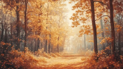 Fototapeta premium Golden-orange light filtering through autumn leaves, creating a warm, serene forest scene.