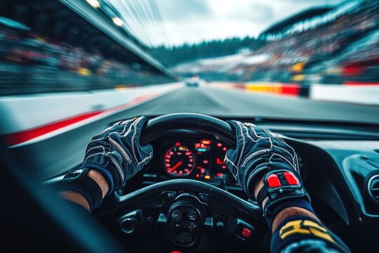 Racing car cockpit background driving gloves.