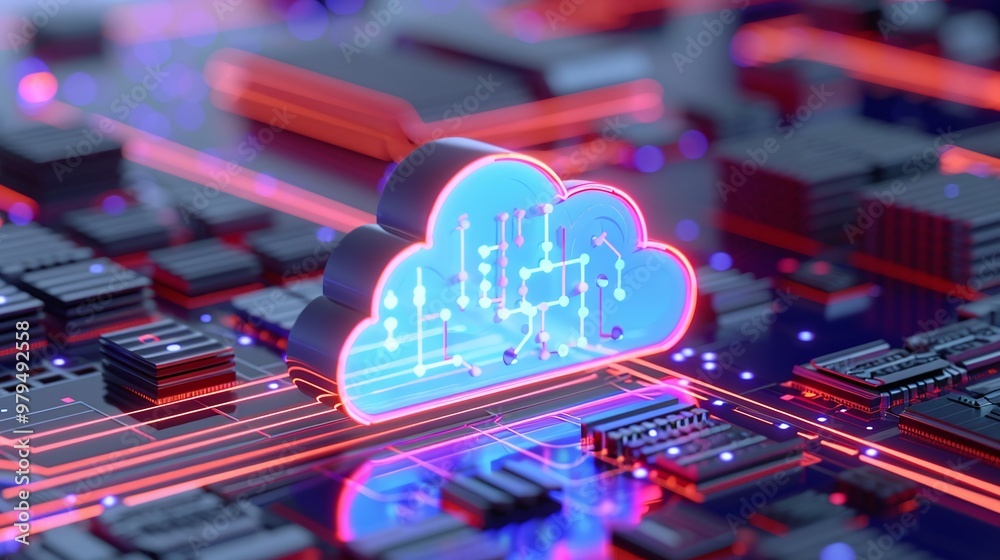 Poster futuristic cloud computing concept with neon circuits, symbolizing digital storage and advanced tech